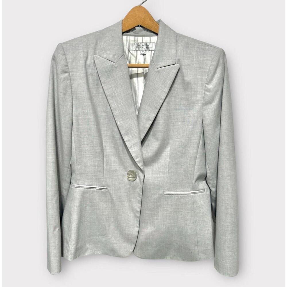 Tahari Womens Blazer Single Button Pinstripe Lining Light Gray Collared Size 14